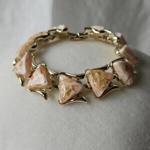 Signed Coro Terazzo Style Link Bracelet Gold Leaf and Pale Powder Pink Cabachons